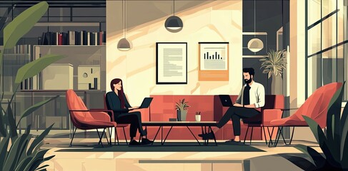 Poster - Two People Working on Laptops in a Modern Office Setting