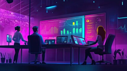 Poster - Three People Working in a Modern Tech Office with Neon Lights and Data Screens