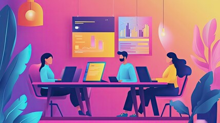 Poster - Three People Working at Desk with Data Visualizations