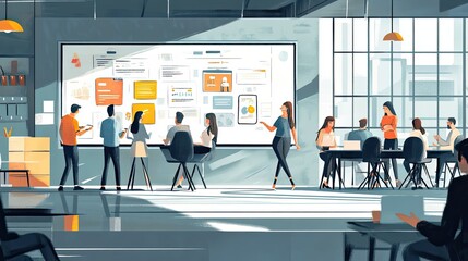 Poster - A Modern Office Meeting with a Large Whiteboard Displaying Information