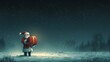 © BGSTUDIOX - illustration of Santa lifting a giant present, night sky backdrop, glowing stars and moon, light blur, magical and festive scene.