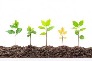 Young green plants growing in soil in different stages of growth isolated on white background