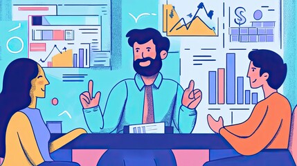Poster - A bearded man presenting business data to a woman and another man