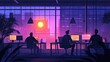 © Ariestia - Three Silhouettes Working at Desks in an Office with a Sunset View