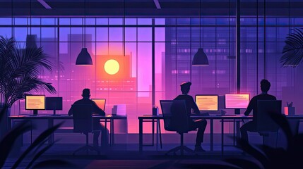 Poster - Three Silhouettes Working at Desks in an Office with a Sunset View