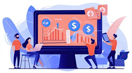 Poster - Team Analyzing Financial Data on a Large Computer Screen with Dollar Signs