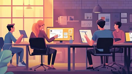 Poster - Four people working at computers in a modern office space