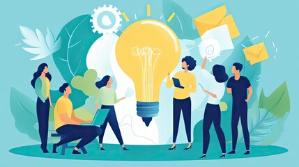 Poster - Teamwork around a Large Light Bulb Representing Ideas