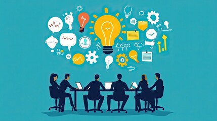 Poster - Businesspeople Brainstorming Around a Bright Idea