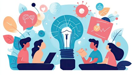 Poster - Group of people brainstorming with a glowing lightbulb idea