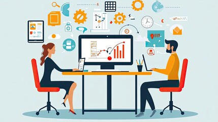 Poster - Businesspeople Analyzing Data at Desk with Computer and Laptop