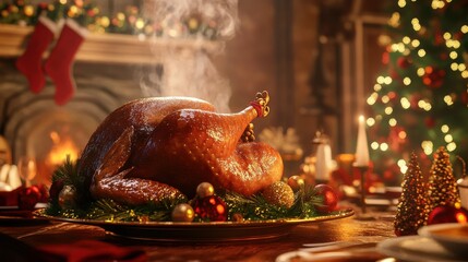 A 3D close-up of a roasted turkey with steam rising, surrounded by festive holiday decor