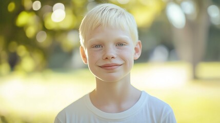 Canvas Print - Smiling French Albino Boy in Nature, Perfect for Summer Vacation Posters, Children Magazine Covers