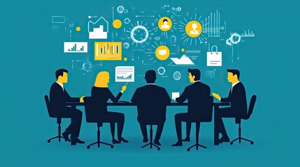 Poster - Businesspeople Silhouetted in a Meeting Focused on Data and Charts