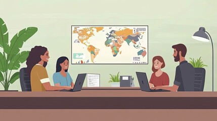 Poster - Four people working together in an office, using laptops and a world map