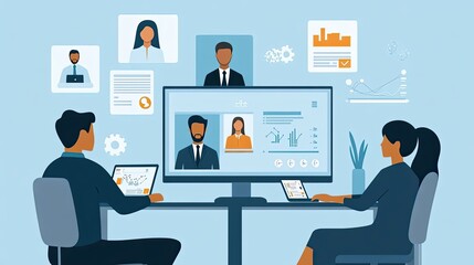 Poster - Two Business Professionals Collaborating During a Video Conference with Charts and Graphs on the Screen