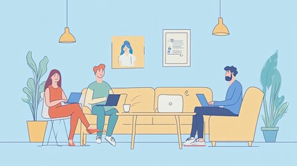 Poster - Three People Working on Laptops in a Room with Plants and Lights