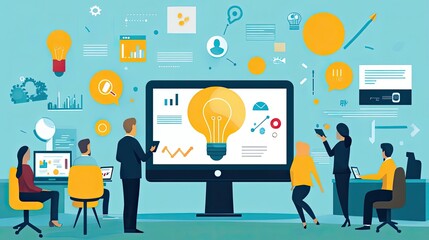 Poster - Business Professionals Collaborating Around a Computer Displaying a Lightbulb