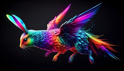 Wall Mural - Vibrant 3D Holographic Rabbit on Dark Background in Abstract Style