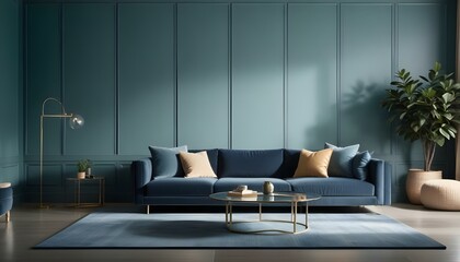 A modern living room with a large navy blue sofa, two beige throw pillows, and a glass coffee table on a gray rug in front of a dark green paneled wall.