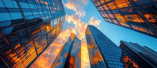 Low angle view of skyscrapers with a dramatic cloudy sky in the background.