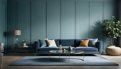 A modern living room with a large navy blue sofa, two beige throw pillows, and a glass coffee table on a gray rug in front of a dark green paneled wall.