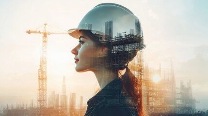 Double exposure of an engineer woman and a construction project in progress, symbolizing growth and innovation.