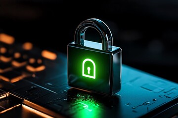 Poster - Minimalist ethical hacking icon, with a simple glowing green lock symbol representing cybersecurity and system protection