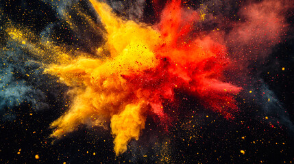 Wall Mural - An exciting yellow-red explosion in the black sky. The creation of the universe. The star pattern. A colorful explosion of holi colors on a black background