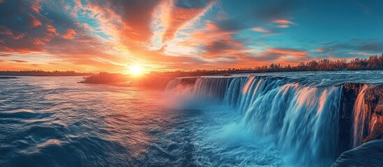 Wall Mural - majestic waterfall cascading over cliffs at sunset with a vibrant sky.