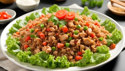 Savory fried rice with chicken elegantly plated on a pristine white dish