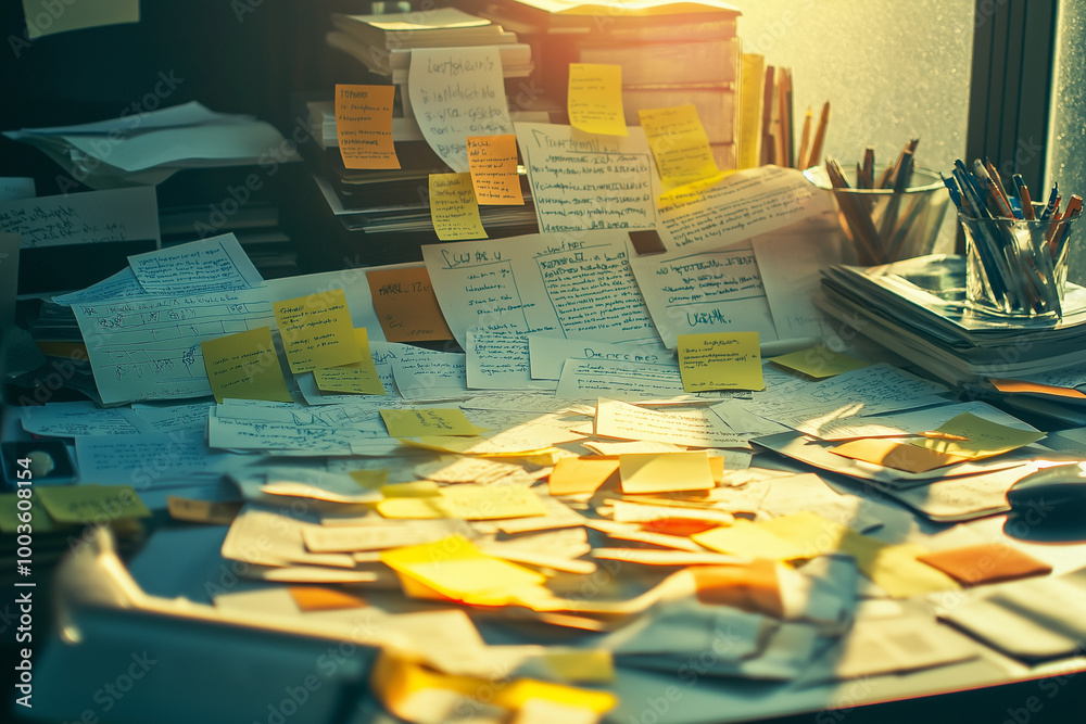 Messy Spread of Notes, Reports, and Printed Emails Indicating a Busy ...