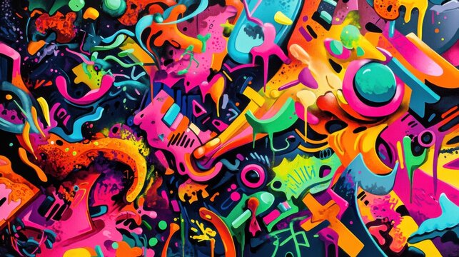 A bold mix of neon colors in a graffiti-style artwork, full of energy and movement