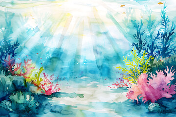 Beautiful colorful underwater world watercolor deep white background for print design.