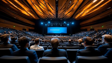 Audience at a conference with bright lights and a large screen presentation.