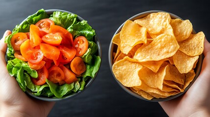 Bowls of fresh salad and crispy chips held in hands, contrasting healthy and snack choices.