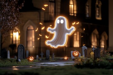 Aufkleber - Simple ghost outline in a Halloween setting, floating above a graveyard in a clean, minimalist style