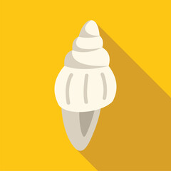 Sticker - White spiral seashell casting long shadow on yellow background, simple flat vector illustration