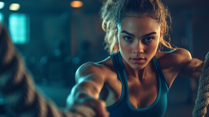 Poster - A woman is working out in a gym, with her arms outstretched and her head tilted