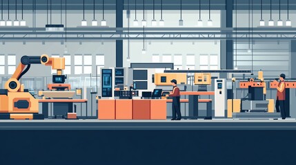 Poster - automated industrial workspace featuring robotic arms and technicians at a modern manufacturing faci