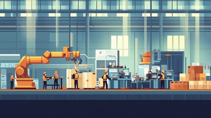 Poster - workers operating machinery in a modern factory setting during daylight hours