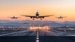 A vibrant scene of a busy airport runway with multiple airplanes taking off and landing, highlighting the hustle and bustle of air travel and transportation.