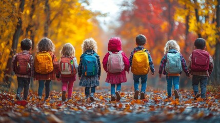 Children walking in a colorful autumn landscape with backpacks.