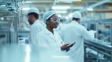 Poster - a lab technician inspects samples in a cleanroom while colleagues work on experiments in a modern re