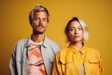 Poster - A man and a woman are standing in front of a yellow background