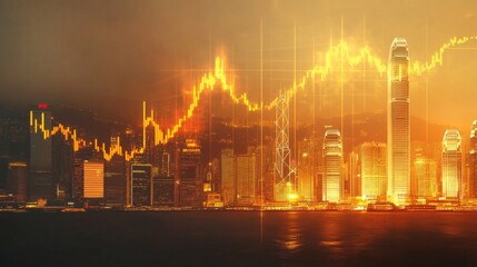 Aufkleber - A visually striking image of a gold chart overlaying a city skyline, symbolizing the connection between financial markets and urban economic growth.
