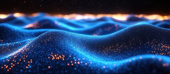 Poster - Abstract blue and orange glowing wave background with particles.