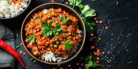 A dish of brown lentils flavored with curry spices, combined with vegetarian ingredients such as red and green bell peppers and rice.