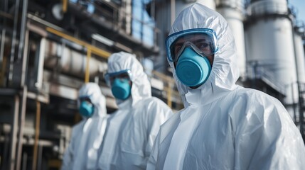 Sticker - Workers in protective gear at an industrial site conducting safety protocols during daytime