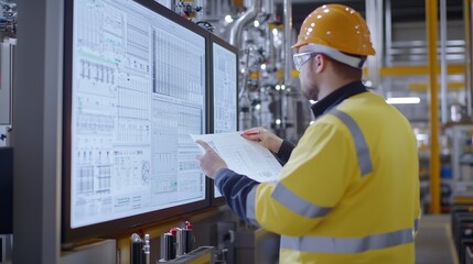 Sticker - Worker reviewing engineering plans at a control panel in an industrial facility during daytime operations